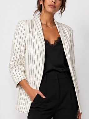H&M Pinstripe Open Front Blazer Womens Size 10 Cream & Black Striped 3/4 Sleeve